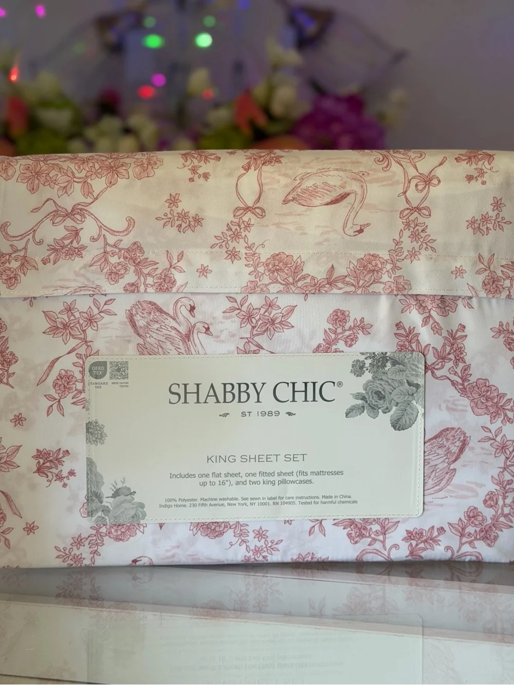 Shabby Chic king Sheet Set Pink White Swan Toile Floral 4 Piece Microfiber NEW